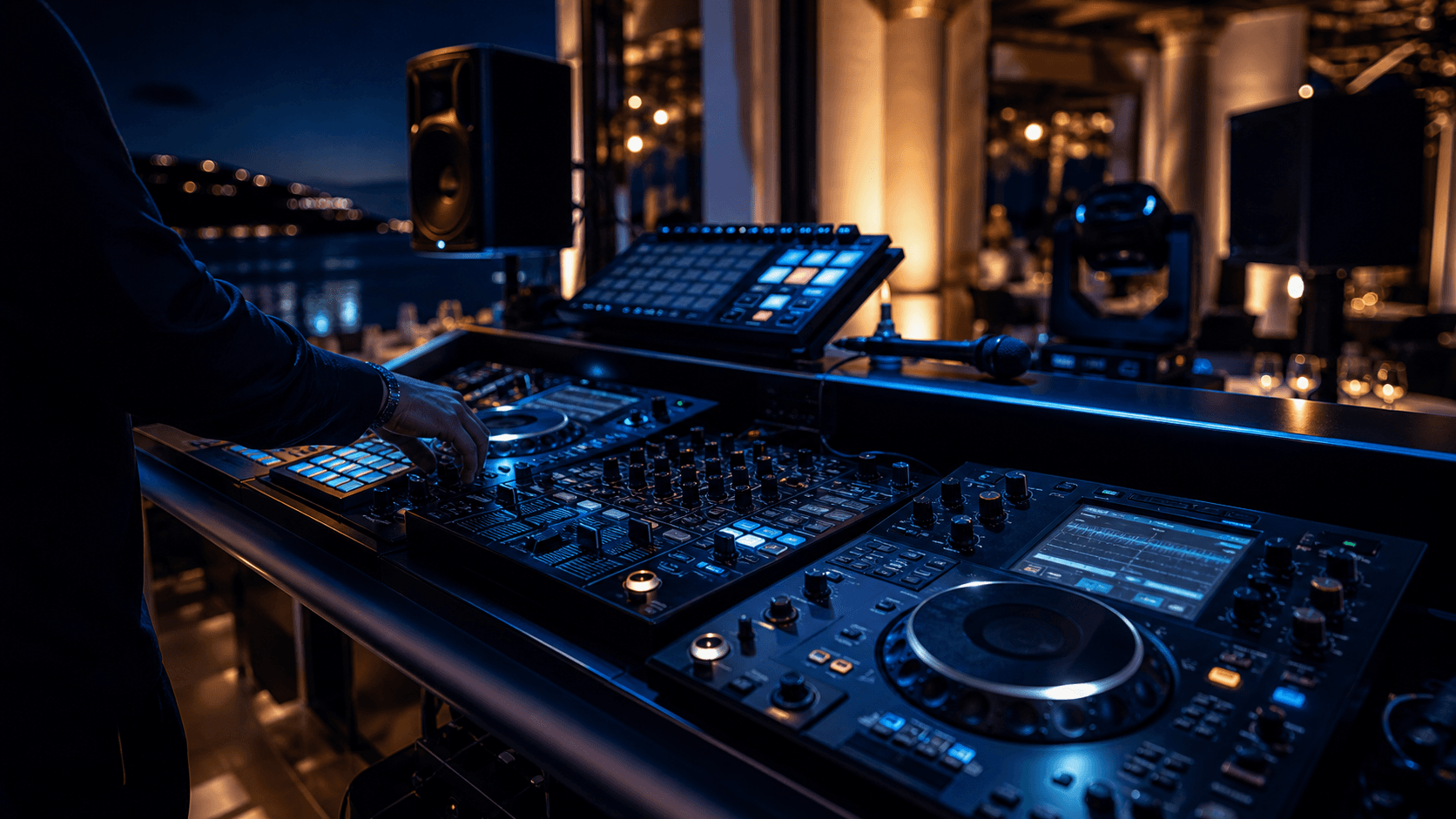 DJ production setup with controls, microphone, and stage lighting.