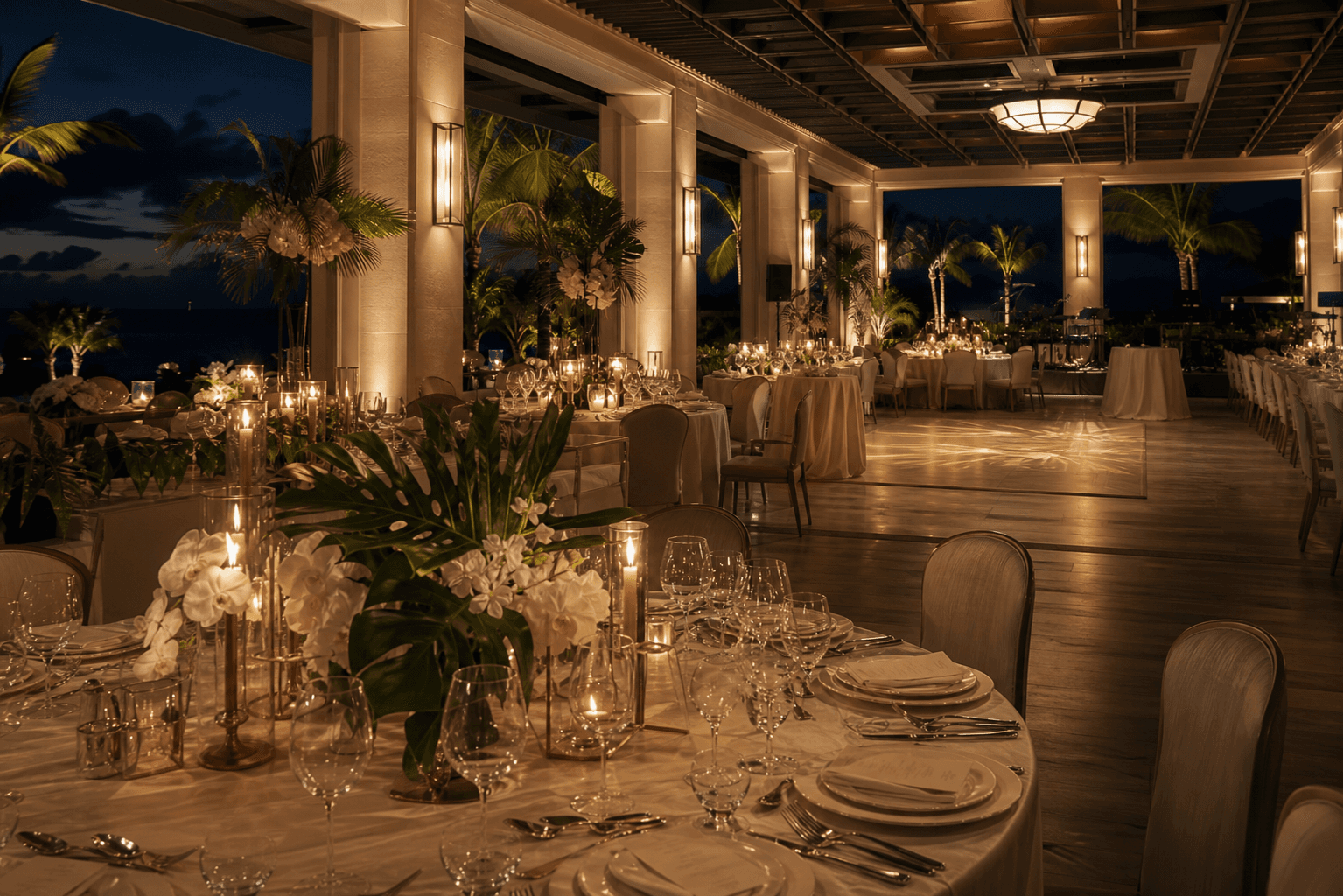 Candlelit luxury reception set in an open-air island ballroom after sunset.